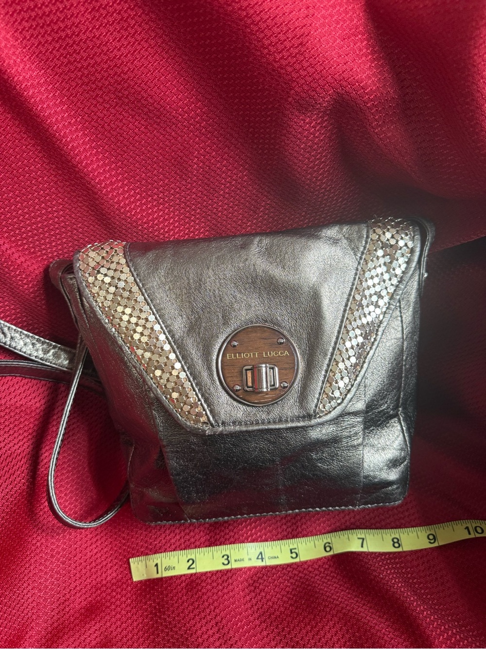 Elliott Lucca Metallic Leather Cordoba Crossbody Bag Gold Mesh Trim